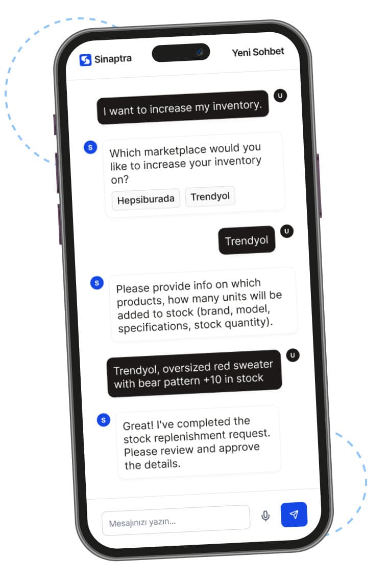 Sinaptra product management screen for listing and editing products across Trendyol and Hepsiburada stores from a single panel